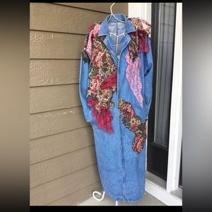 Vintage 1980s Fashion womens denim trench coat with handmade decoration, size L?